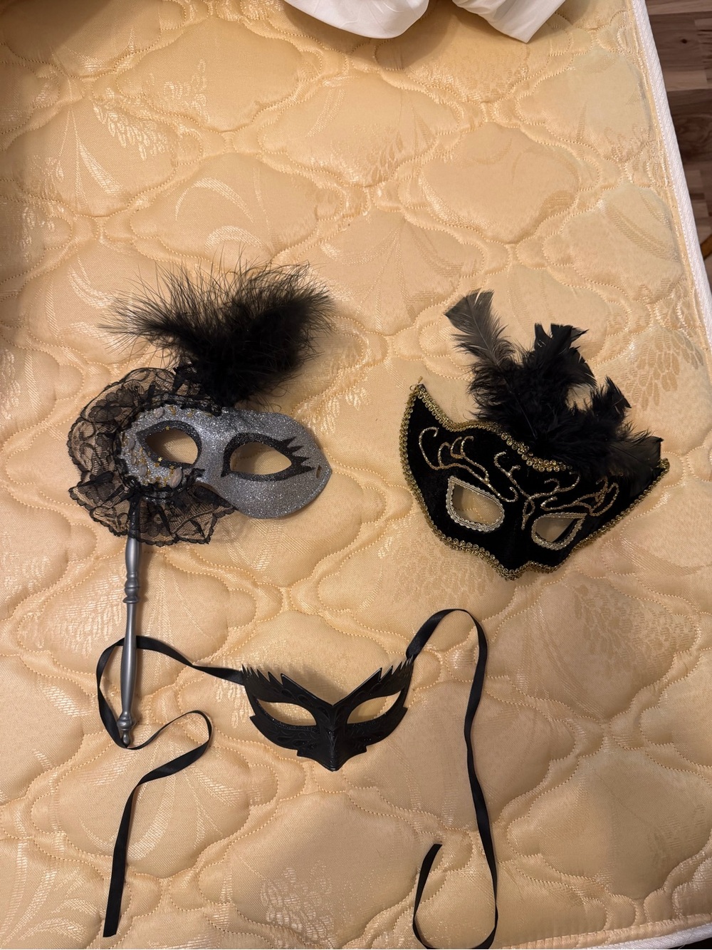 Black & Silver Feathered Masquerade Mask Set - Women Accessories Hats